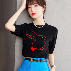 RM20996#立体刺绣小兔子短袖羊毛针织衫女冰丝上衣打底衫T恤