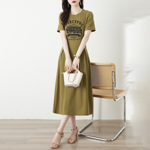 RM12051#印花休闲裙子夏季圆领短袖收腰显瘦透气女连衣裙