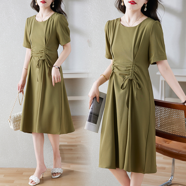 RM7914#夏季新款法式设计感抽绳皱褶遮肚显瘦连衣裙子女
