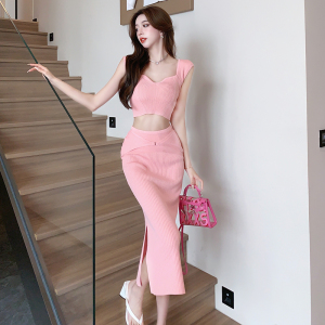 Pure Spicy Girl Peach Heart Neck Knitted Short Top+High Waist Wrapped Hip Split Half Dress Fashion Two Pieces