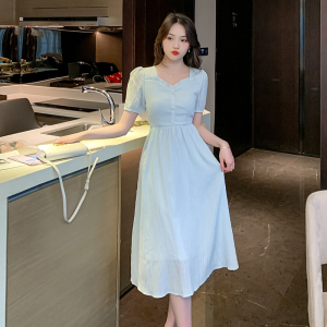 RM9911#高级感收腰气质长裙子夏季2023新款法式显瘦甜美方领连衣裙女