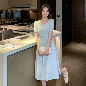 RM9911#高级感收腰气质长裙子夏季2023新款法式显瘦甜美方领连衣裙女