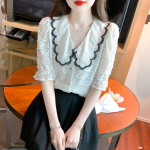 RM7181#夏季新款娃娃领甜美蕾丝衫雪纺衫洋气减龄上衣短袖小衫