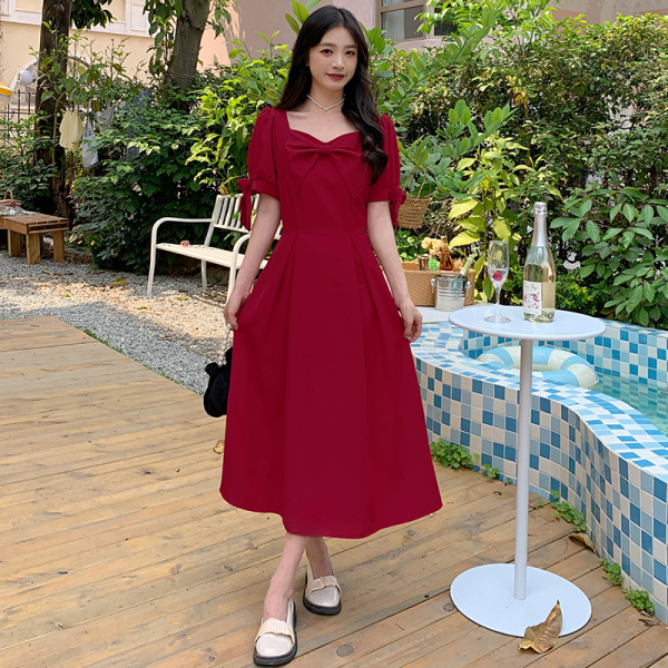RM16895#新款法式复古别致惊艳气质红色连衣裙高级感蝴蝶结鸡心领长裙