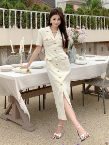 RM7543#夏季新款气质轻熟西装中长款短袖修身连衣裙女
