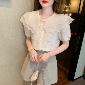 RM7154#夏季新款雪纺衫法式娃娃领洋气百搭蕾丝短袖