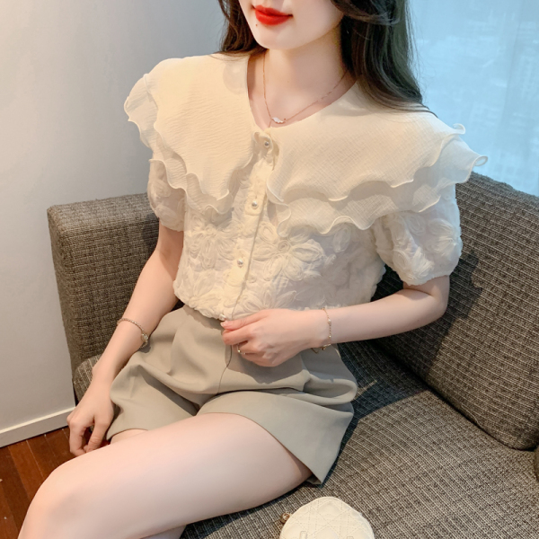 RM7154#夏季新款雪纺衫法式娃娃领洋气百搭蕾丝短袖