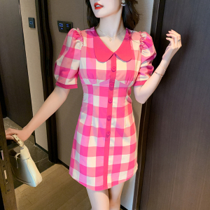 RM6665#夏季新款甜美减龄娃娃领泡泡袖收腰显瘦短款格子连衣裙