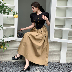 RM6459#夏装新款精致赫本风高级感法式气质御姐风长款拼色连衣裙