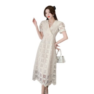 TR22420# 夏季新款法式温柔重工蕾丝气质小众荷叶领设计连衣裙 服装批发女装服饰货源