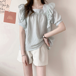 RM6567#宽松大码设计感法式方领蕾丝拼接荷叶边宽松雪纺衬衫