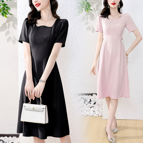 RM7084#简约气质连衣裙女夏2023新款小众设计感方领裙子纯色中长裙