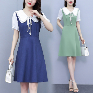 RM8736#新款夏季娃娃领甜美拼接显瘦大码连衣裙