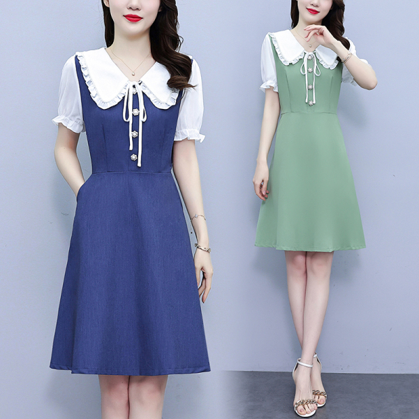 RM8736#新款夏季娃娃领甜美拼接显瘦大码连衣裙
