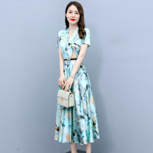 RM6584#夏季新款真丝缎面短袖印花连衣裙显瘦洋气遮肚女装