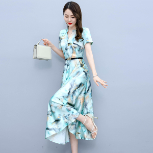 RM6584#夏季新款真丝缎面短袖印花连衣裙显瘦洋气遮肚女装