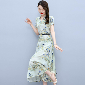 RM6585#真丝缎面短袖印花连衣裙2023夏季新款显瘦洋气遮肚女装