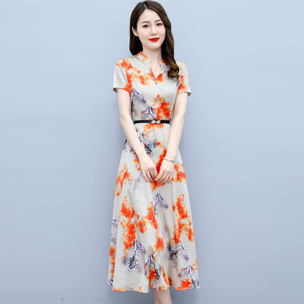 RM6381#夏季新款真丝缎面短袖印花连衣裙显瘦洋气遮肚女装