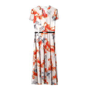 RM6381#夏季新款真丝缎面短袖印花连衣裙显瘦洋气遮肚女装