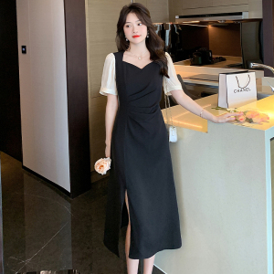 RM6244#新款大码法式方领连衣裙女夏性感小开叉显瘦小黑裙