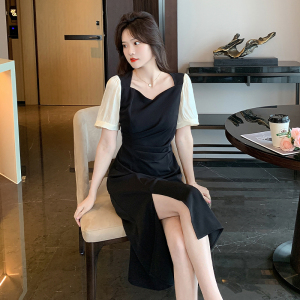 RM6244#新款大码法式方领连衣裙女夏性感小开叉显瘦小黑裙