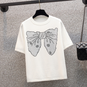 RY1625#大码女装2023夏季新款设计感蝴蝶结减龄显瘦圆领短袖T恤上衣