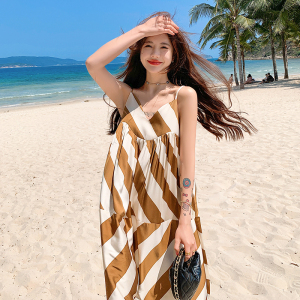 TR22903# 三亚沙滩海边度假高端长裙法式茶歇条纹连衣裙夏季 服装批发女装服饰货源