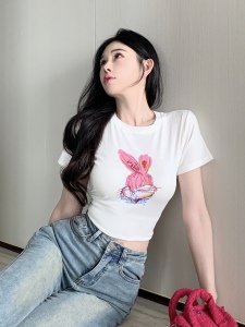 TR31506# 新款纯棉短袖T恤女韩版显瘦卡通兔子印花修身上衣 服装批发女装批发服饰货源