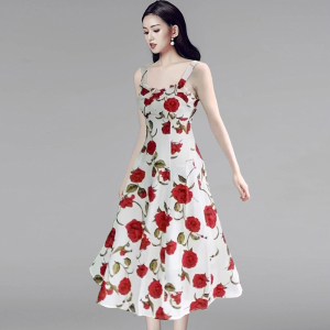 RM21782#春夏新款玫瑰碎花吊带连衣裙高级感茶歇法式海边度假长裙