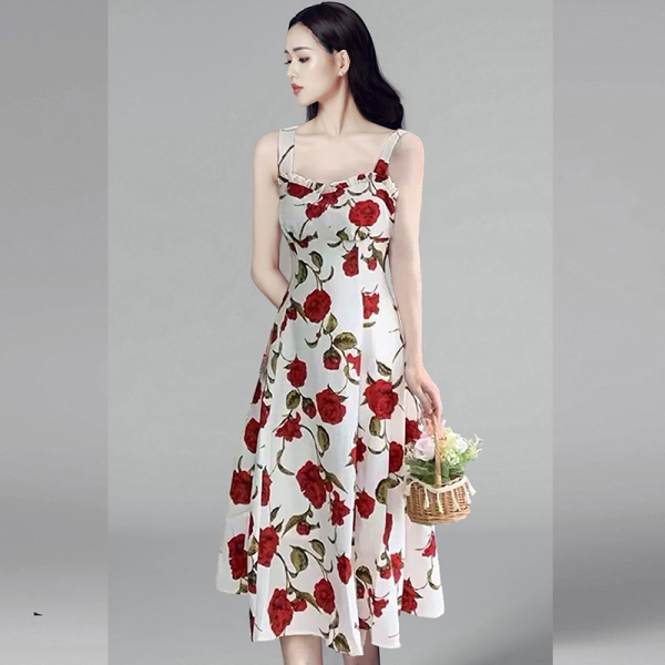 RM21782#春夏新款玫瑰碎花吊带连衣裙高级感茶歇法式海边度假长裙