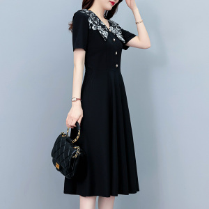 RM19364#黑色印花短袖拼接大码女装胖mm修身中长款夏季新款修身显瘦连衣裙