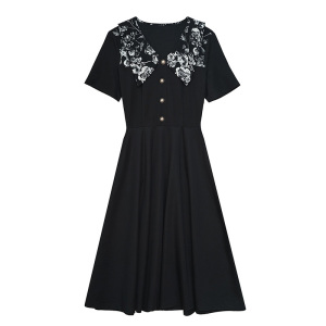 RM19364#黑色印花短袖拼接大码女装胖mm修身中长款夏季新款修身显瘦连衣裙