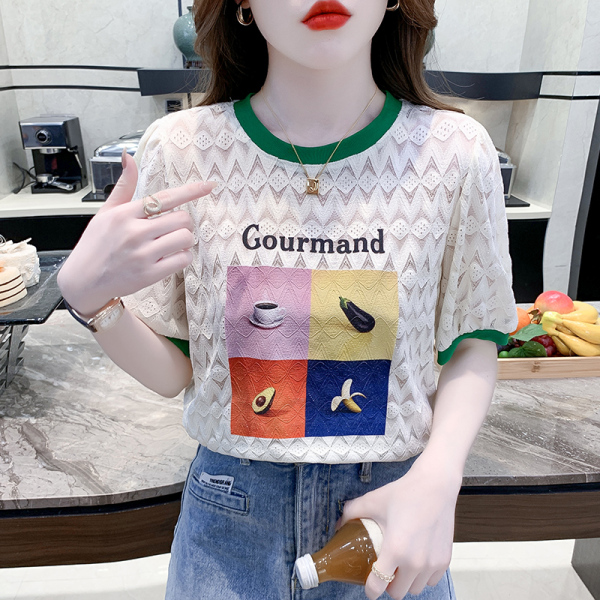 RM7477#夏新款韩版宽松显瘦设计感镂空水果字母印花撞色蕾丝短袖T恤