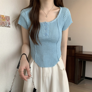 RM6535#大码女装纯欲设计感短款针织T恤百搭辣妹垫肩小众别致上衣