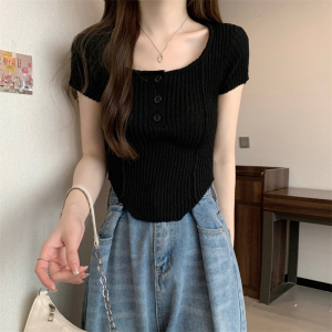 RM6535#大码女装纯欲设计感短款针织T恤百搭辣妹垫肩小众别致上衣