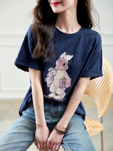 RM6557#大码女装圆领卡通兔子印花休闲短袖T恤2023夏季新款洋气复古...
