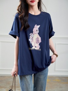 RM6557#大码女装圆领卡通兔子印花休闲短袖T恤2023夏季新款洋气复古百搭