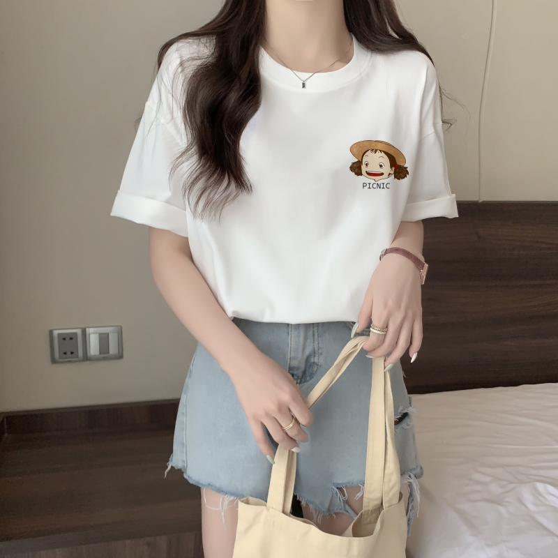 Real shot 2024 spring and summer new style 100% cotton combed cotton printed summer short-sleeved T-shirt women's loose Korean version