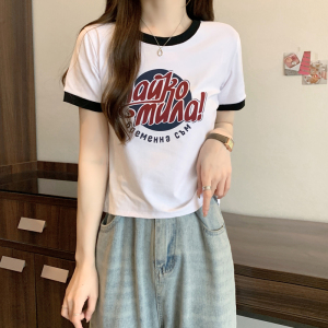 RM9846#圆领撞色短袖t恤女纯棉2023夏季新款设计感小众辣妹正肩短款上衣