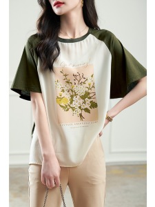 RM6559#纯棉短袖女T恤插肩袖拼接2023夏季新款圆领印花上衣