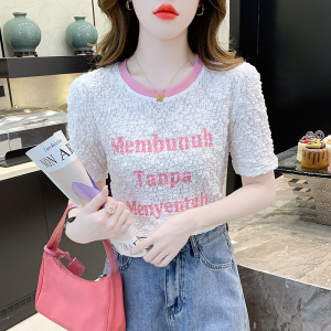 RM7155#夏季新款洋气百搭修身显瘦皱褶圆领字母印花短袖T恤女