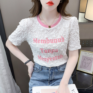 RM7155#夏季新款洋气百搭修身显瘦皱褶圆领字母印花短袖T恤女