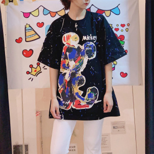 RM8261#春夏新款米奇发泡立体印花个性图案长款T恤大码女装