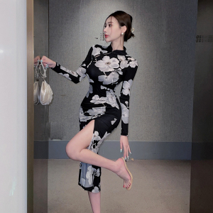 Real time shooting of the new Chinese style young style retro improved version long sleeved split print dress long cheon