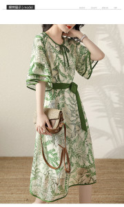 RM6571#时尚气质绿野仙踪荷叶边短袖系带撞色边显瘦连衣裙潮