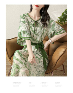 RM6571#时尚气质绿野仙踪荷叶边短袖系带撞色边显瘦连衣裙潮