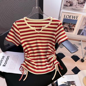 TR23520# 韩版条纹T恤抽绳系带设计感小众短款修身显瘦短袖上衣女 服装批发女装服饰货源