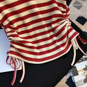 TR23520# 韩版条纹T恤抽绳系带设计感小众短款修身显瘦短袖上衣女 服装批发女装服饰货源