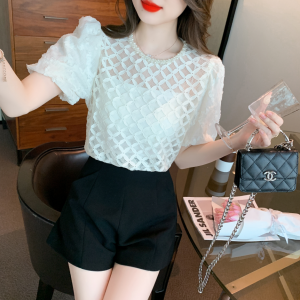 RM7182#夏季新款圆领珍珠套头简约韩版蕾丝衫雪纺衫气质短袖女