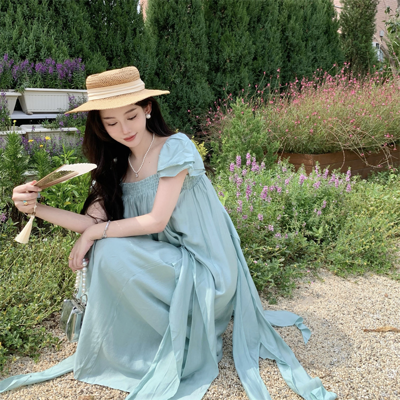 小君君布蘭妮 日落甜茶 小飛袖重工飄帶裙女夏新款中長款連衣裙子